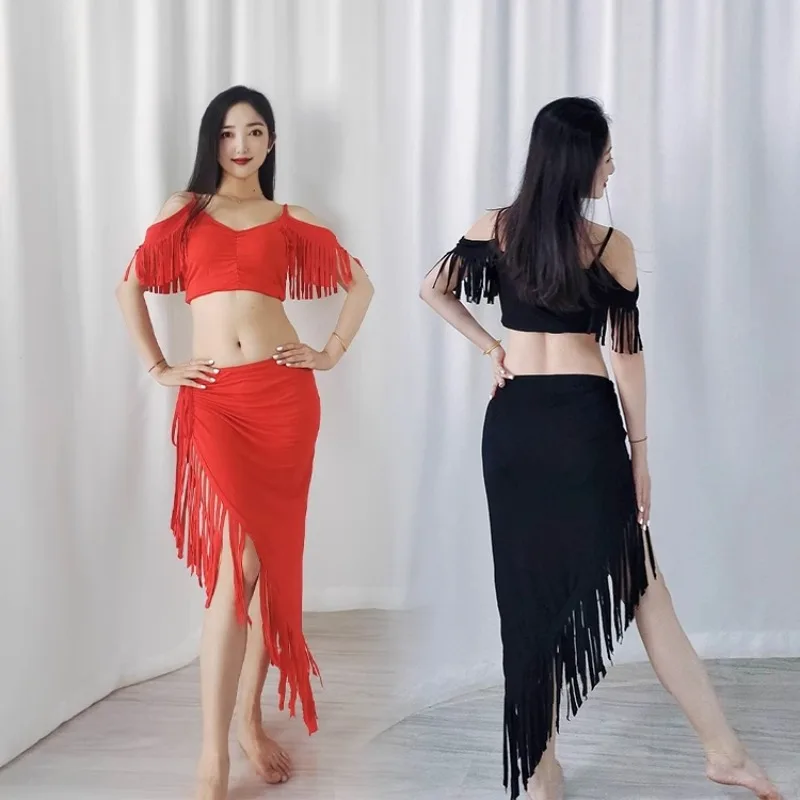 Costumi di danza del ventre personalizzati Abito da pratica Abito da performance ispiratore con striscia infrangia modale Gonna con nappe fatta a mano
