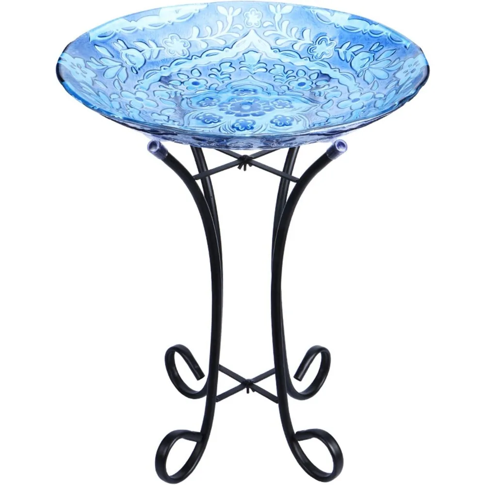 

Outdoor Glass Birdbath with Foldable Metal Stand, 18" Dia/21.65" H for Garden Decor