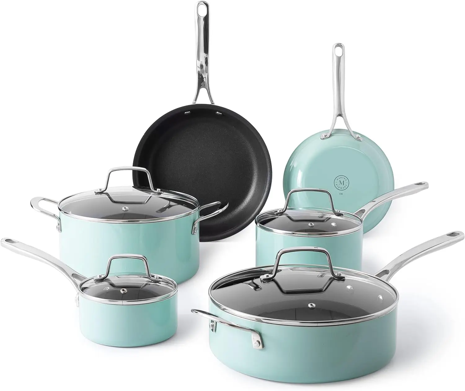 Lockton Premium Nonstick 10 Piece Enamel Heavy Gauge Aluminum Pots And Pans Cookware Set - Martha Blue