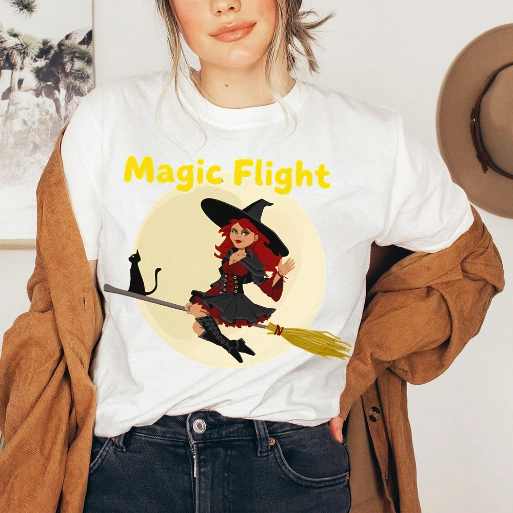 Y2K Abbigliamento da donna T-shirt casual in cotone Girocollo T-shirt grafiche Street Wear Cartoon Strega Luna Scopa Gatto nero Magia