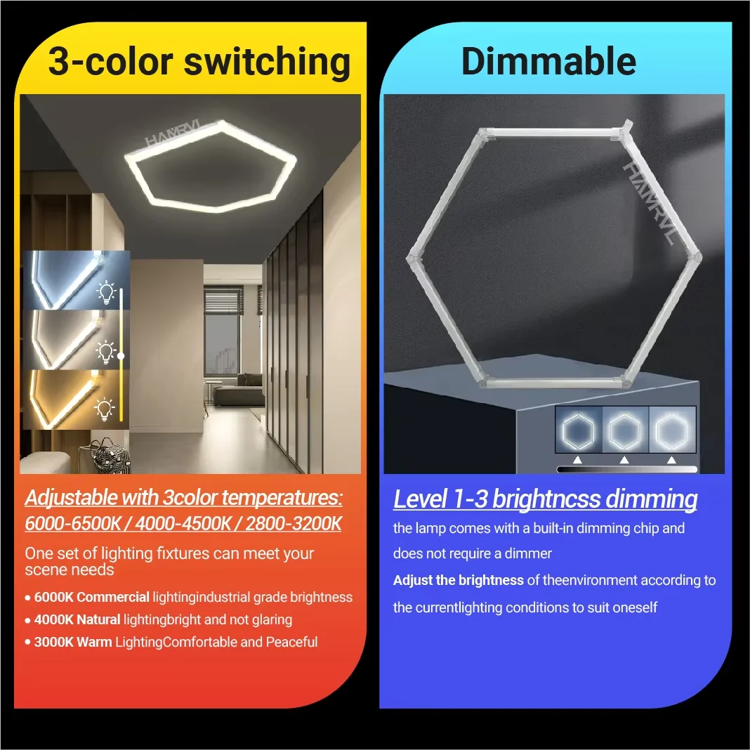 Hexagonal LED Tube Light，3000K-6000K Dimmable Color Changing Ceiling Lamp,Lighting for Salon, Gym, Fitness Club Commercial Space