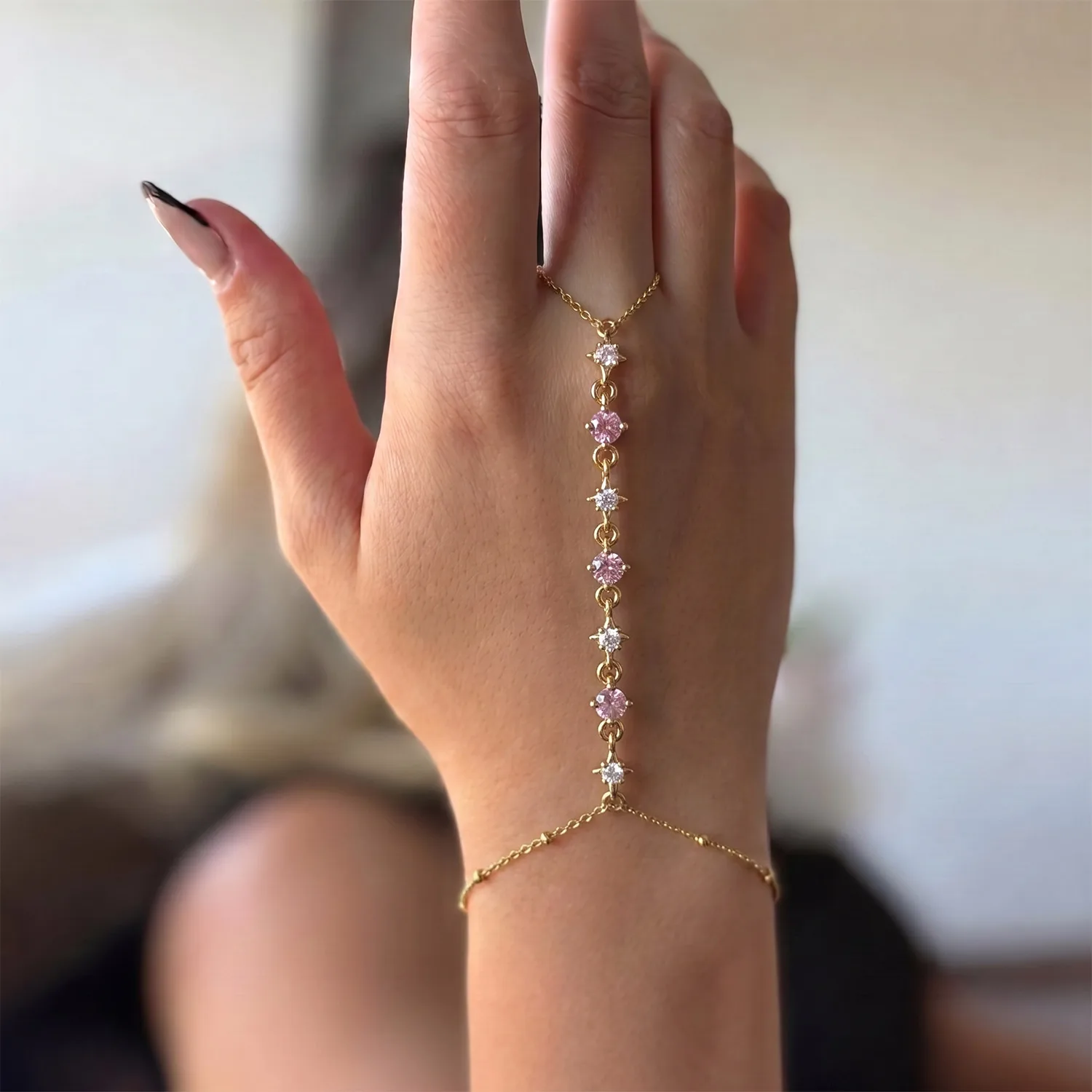Dainty Cubic Zircon Stainless Steel Hand Chain Bracelet for Women Gold Plated Finger Chain Minimalist Wedding Party Jewelry Gift