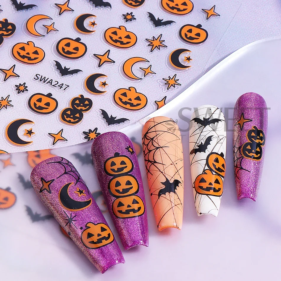 2 Stück Halloween-Nagelaufkleber, niedliches Cartoon-Design mit Kürbis, Fledermaus, Spinnennetz, Stern, Mond, selbstklebende Nagelaufkleber, Maniküre-Dekorationen – Detail 5