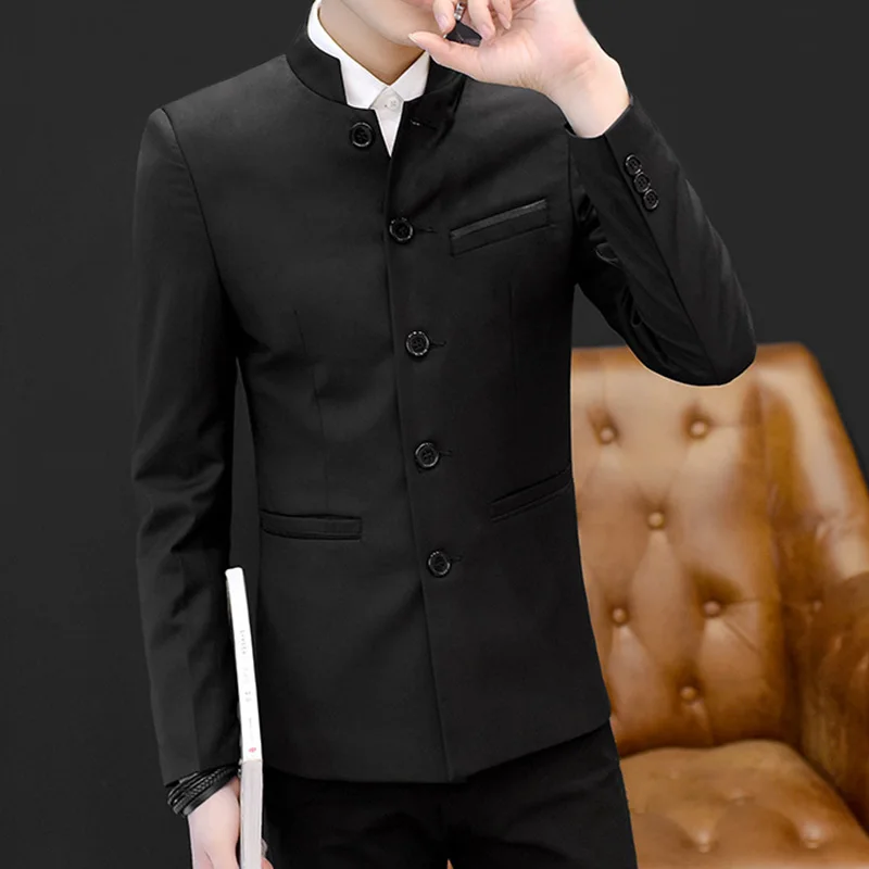 Colletto alla coreana uomo Business Casual tunica tuta giacca 2024 primavera autunno tasca saldata monopetto nero blazer capispalla uomo