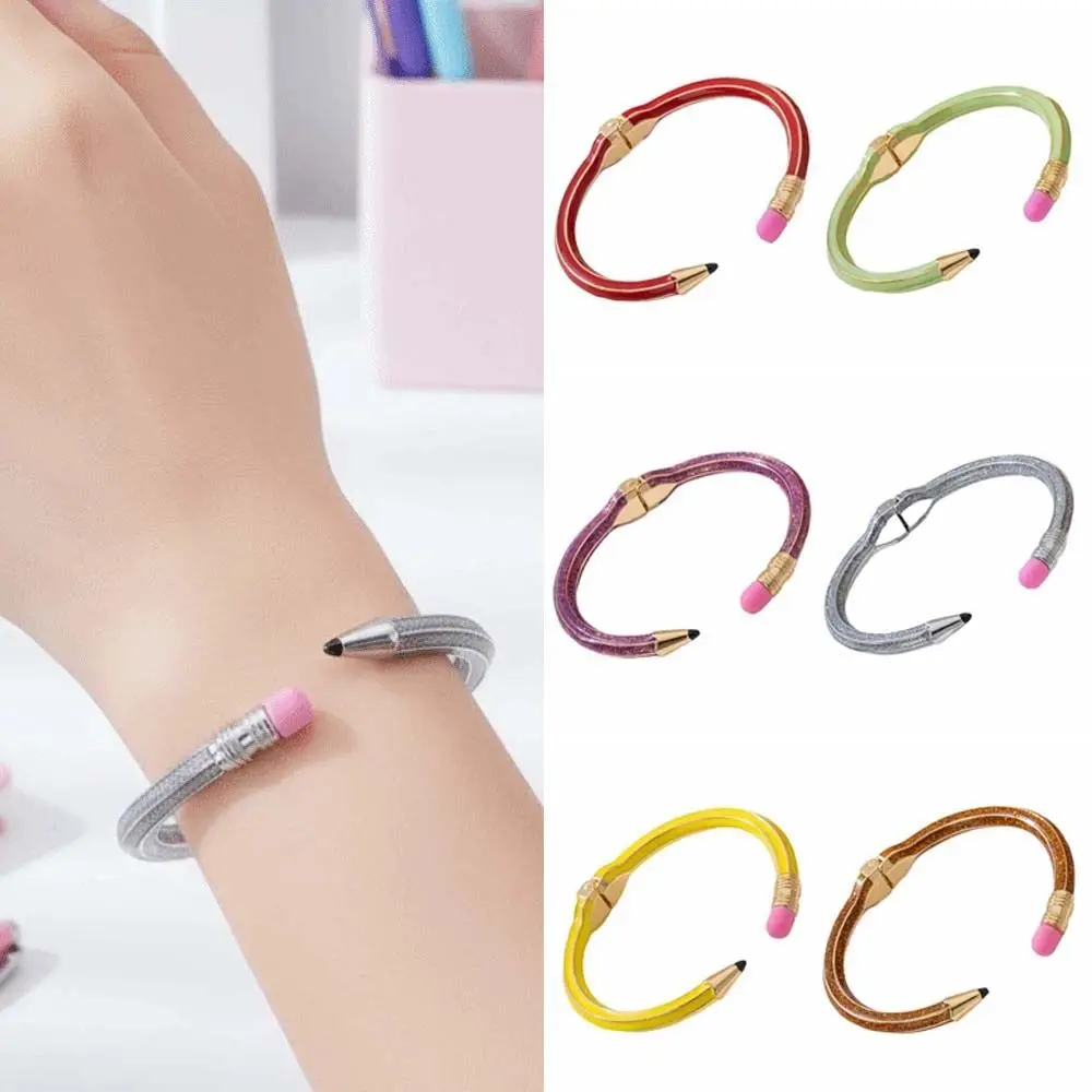 Vibrant Color Enamel Pencil Shaped Bracelet Flexible Spring Hinge Cute Eraser Detail Enamel Cuff Bangle Multi-Color Selection