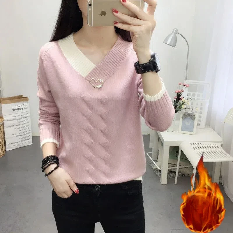 Autumn Winter Women\'s Clothing V-Neck Flocking Solid Color Sweater Knitted Elegant Pullover Fashionable Screw Thread Tops