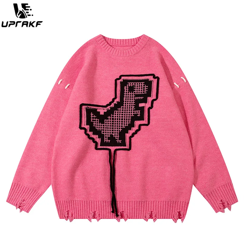 UPRAKF Funny Dinosaur Grunge Ripped O Neck Sweater Tops Autumn Loose Pullover Winter High Quality Casual Fashion Jumper