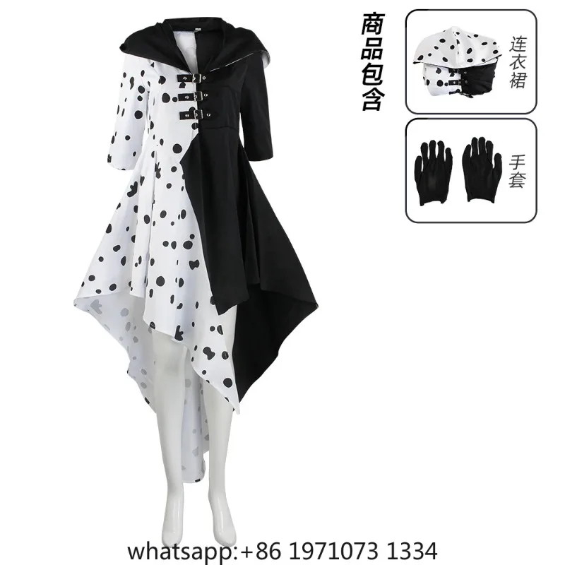Cruella Cosplay Costume DressCloak With Gloves Woman Girls Halloween Carnival Suit Cruella De Vil Costume For Adult Women