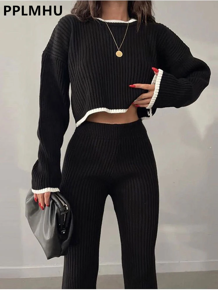 

Streetwear Cropped Knit Tops 2 Pieces Sets Women Casual Long Sleeve Pullover Conjunto High Waist Split Knitwear Pants Outfit