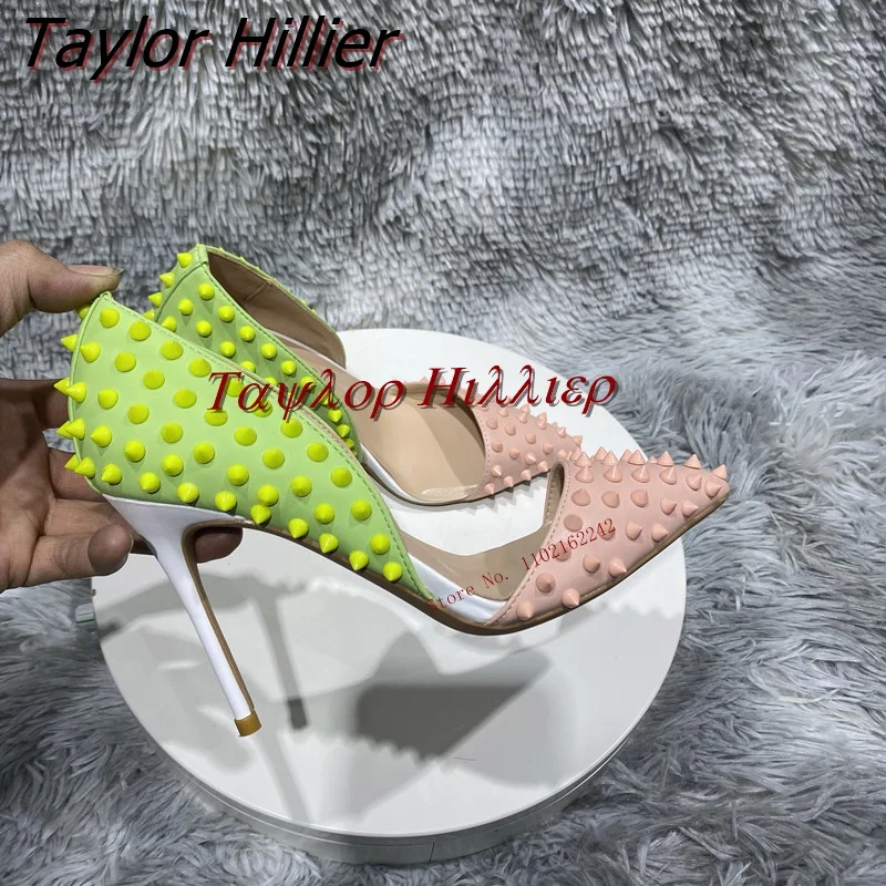 

2023 Spring Rivet Color Matching Pumps 12cm Pointed Toe Stiletto Shallow Mouth Women'S Shoes Fashion All-Match 45 Runway Shoes