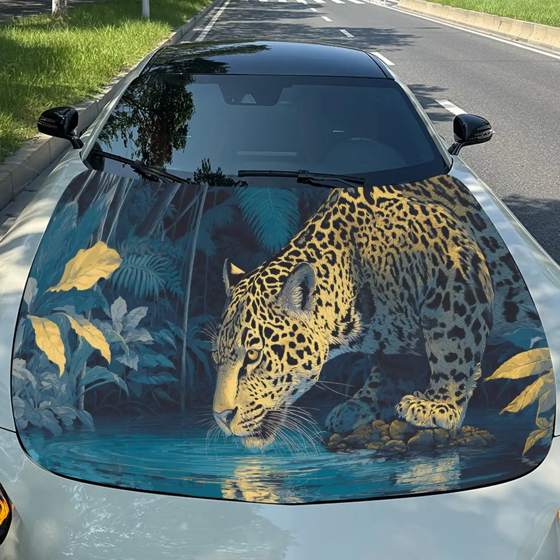 

Lake Forest Leopard Drinking Water PVC Car Hood Wraps, Self-Adhesive Waterproof Car Bonnet Decal Sticker, Car Decoration Protect