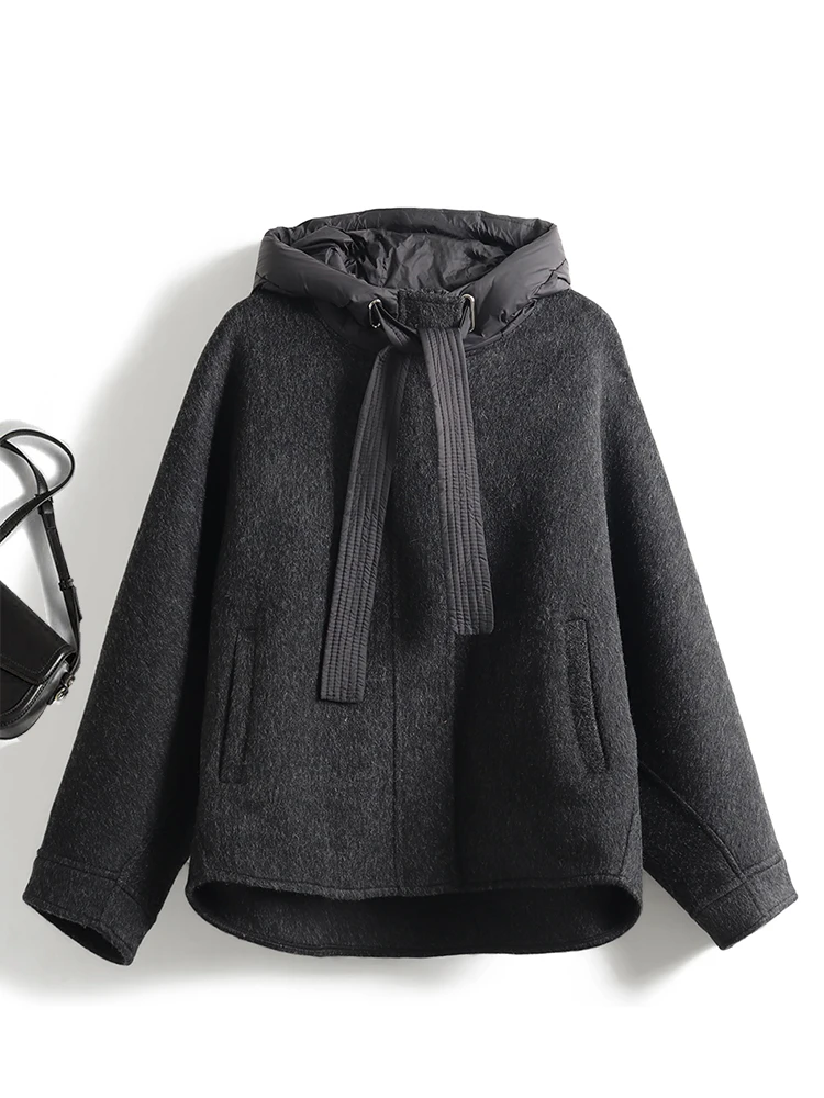 

ort Batwing Sve down Jaet женское осенне-зимнее повседневное свободное шерстяное пальто больших размеров с капюшоном на молнии ket Dstring