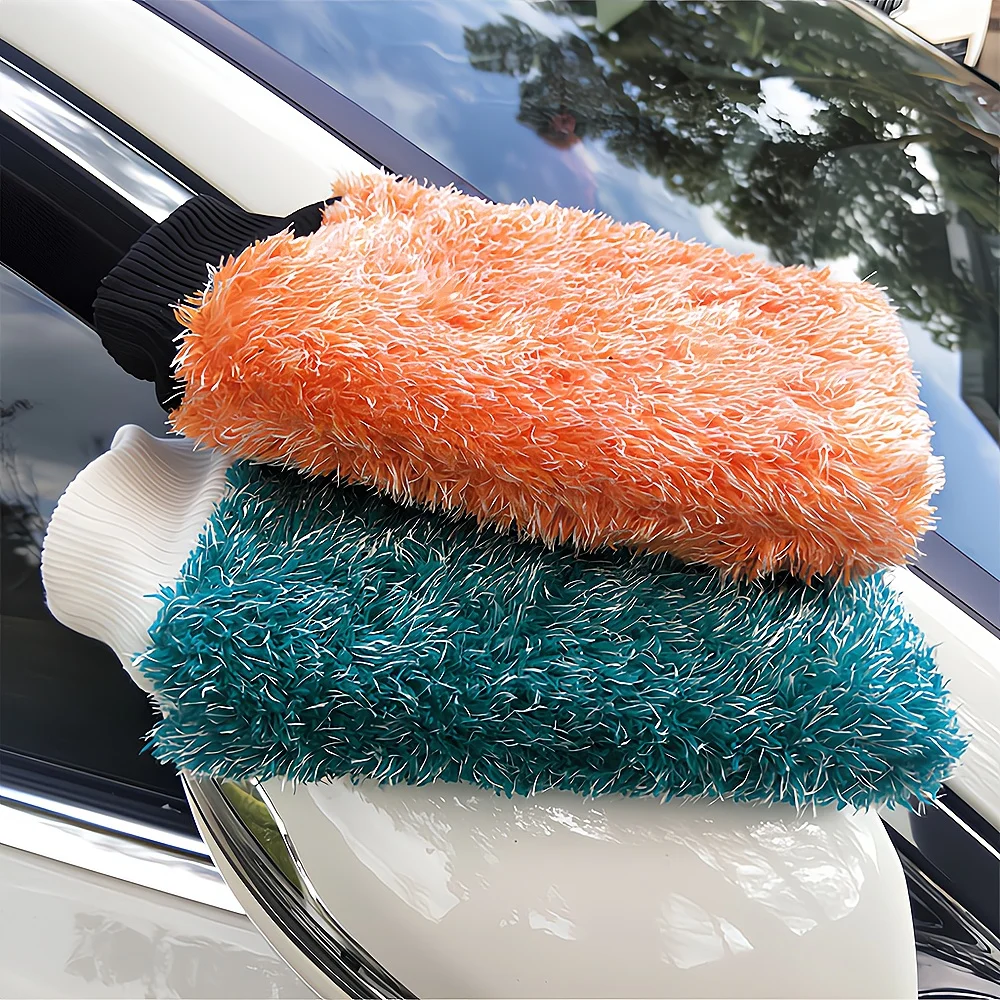 1X Car Wash Gloves Glass Velvet Double-sided Fiber Cleaning Thickening Cloth Auto Maintenance Tools Curing Beautify Orange Green