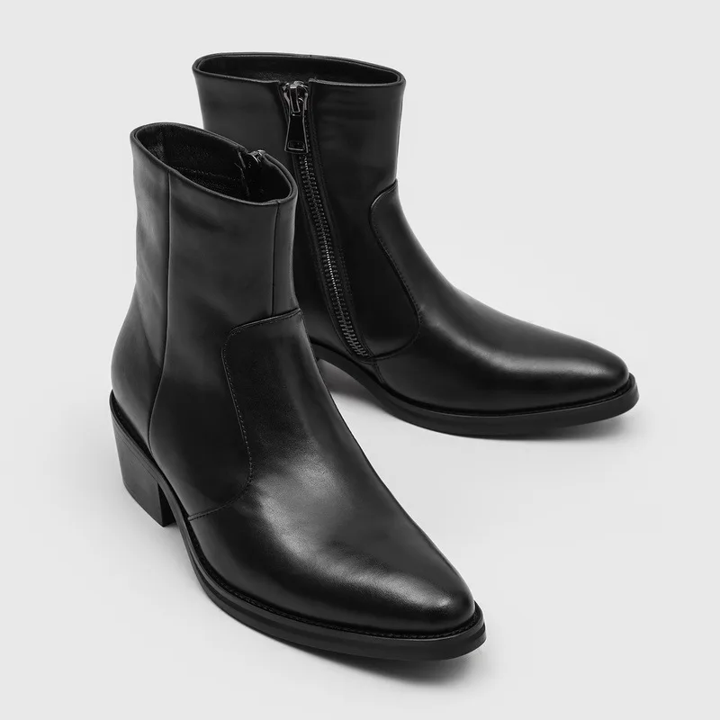 High Quality Men's Vintage Pointed Toe Chelsea Boots Block Heel Leather Ankle Booties Western Botas Daily Streetwear Short Boots