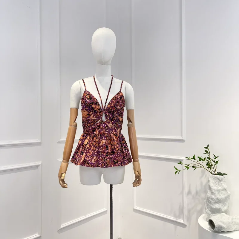 

Sexy Printed Ruched Sleeveless Blouse Tops and Shorts Set 2023 Summer New Collection Women Fashion Colothes