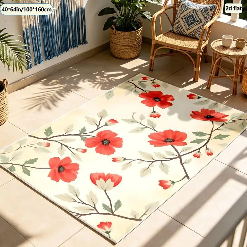 1 Piece of Hand-Painted Red Floral Branch Pattern Carpet, Soft and Comfortable, Suitable for All Seasons, Lightweight and Easy to Care For, Ideal for Home Decor, Room Decoration, Winter, Autumn, and Is Perfect for Living Rooms, Bedrooms, Entryways, and Dining Areas.