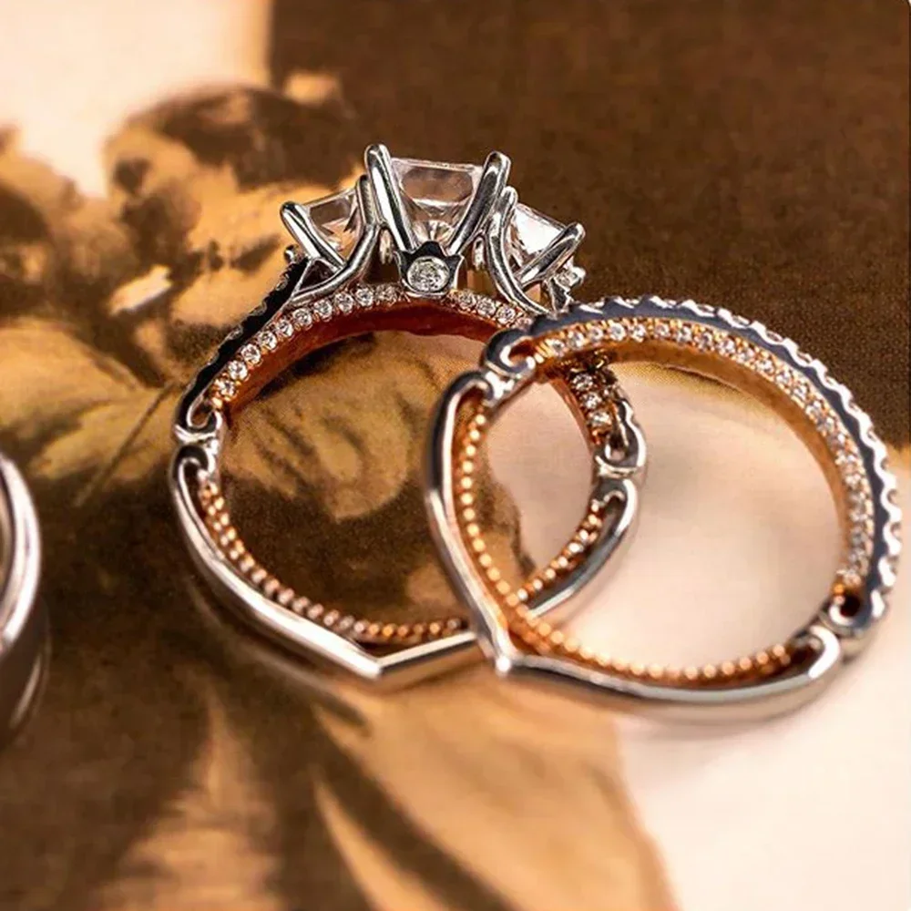 New Arrival Trendy 3Pcs/Set Women Rings Princess Cut Zircon Micro Paved Small Round CZ Stone Wedding & Engagement Jewelry