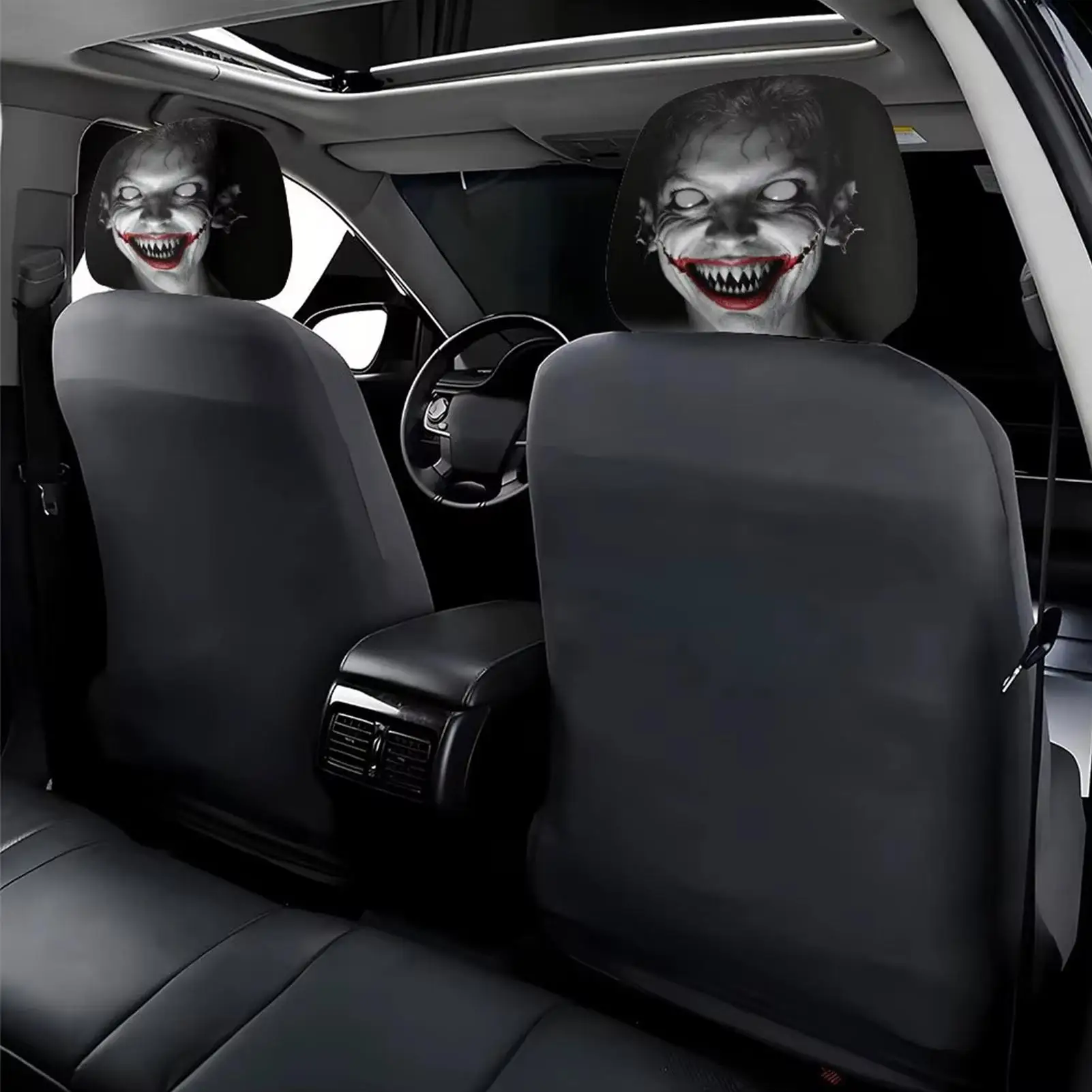 2pcs Elastic Car Headrest Cover Ghost Patterns Spooky Design Universal Auto Interior Accessories for Halloween Party Decoration