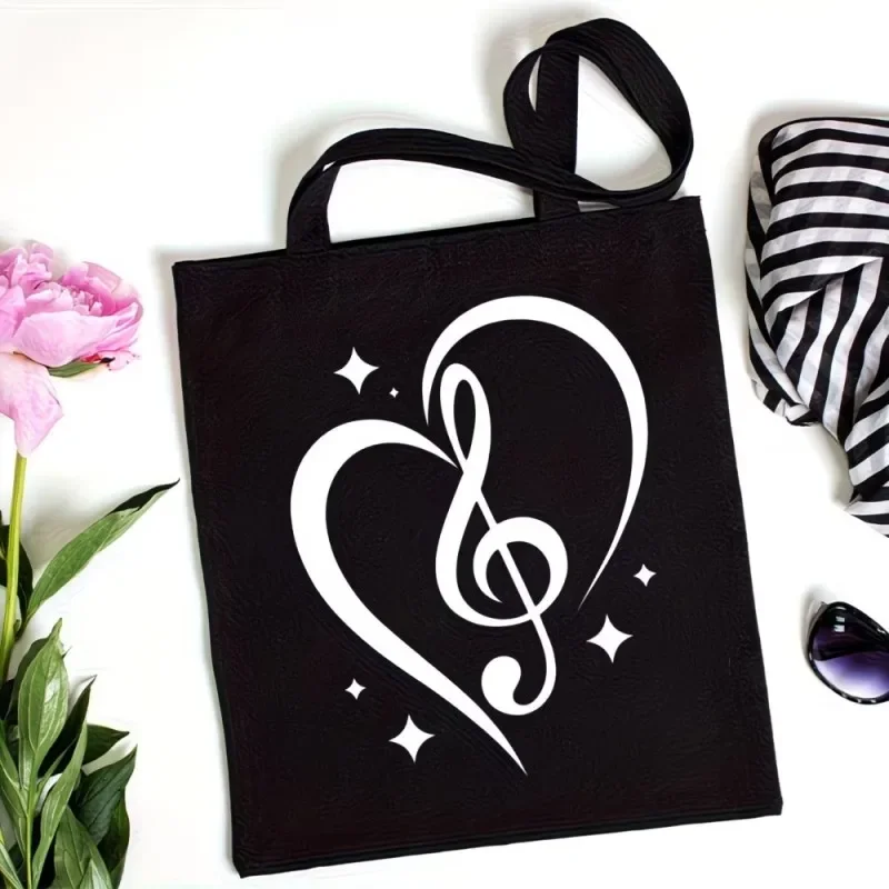 Music Note Heart Tote Bag Treble Clef Print Reusable Bag for Music Lovers Concerts and Everyday Use
