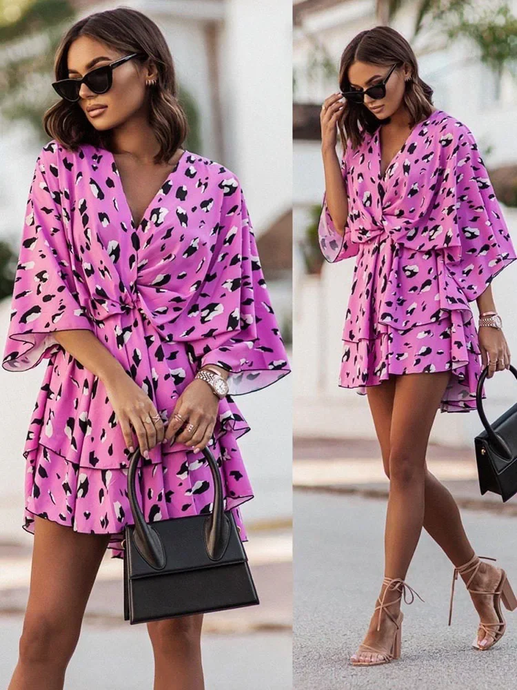 Women Sexy V Neck Mini Dresses Summer Boho Casual Floral Print Batwing Sleeve Dresses Female Ruffle Beach Party Dress Vestidos