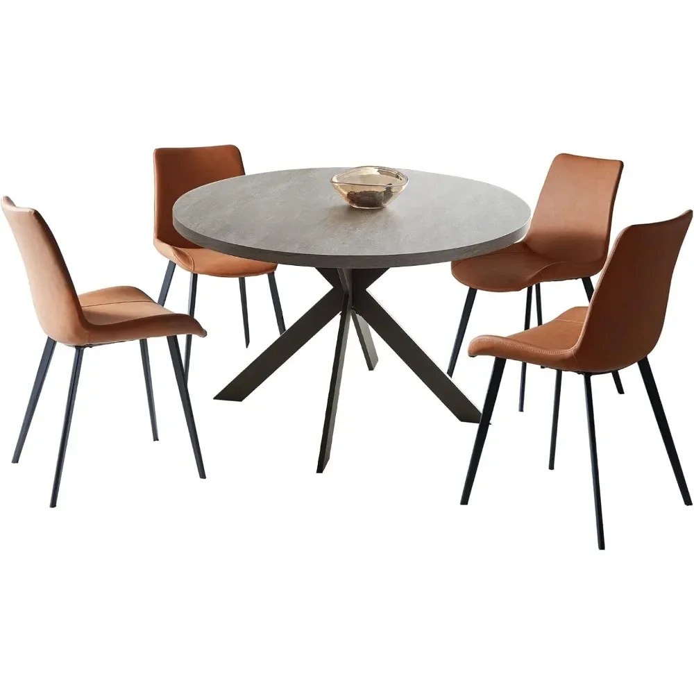 

47" Round Dining Table Set, Mid Century Modern Round Dining Table for 4-6 Person, Steel Legs,1 X Table 4 Brown Chairs