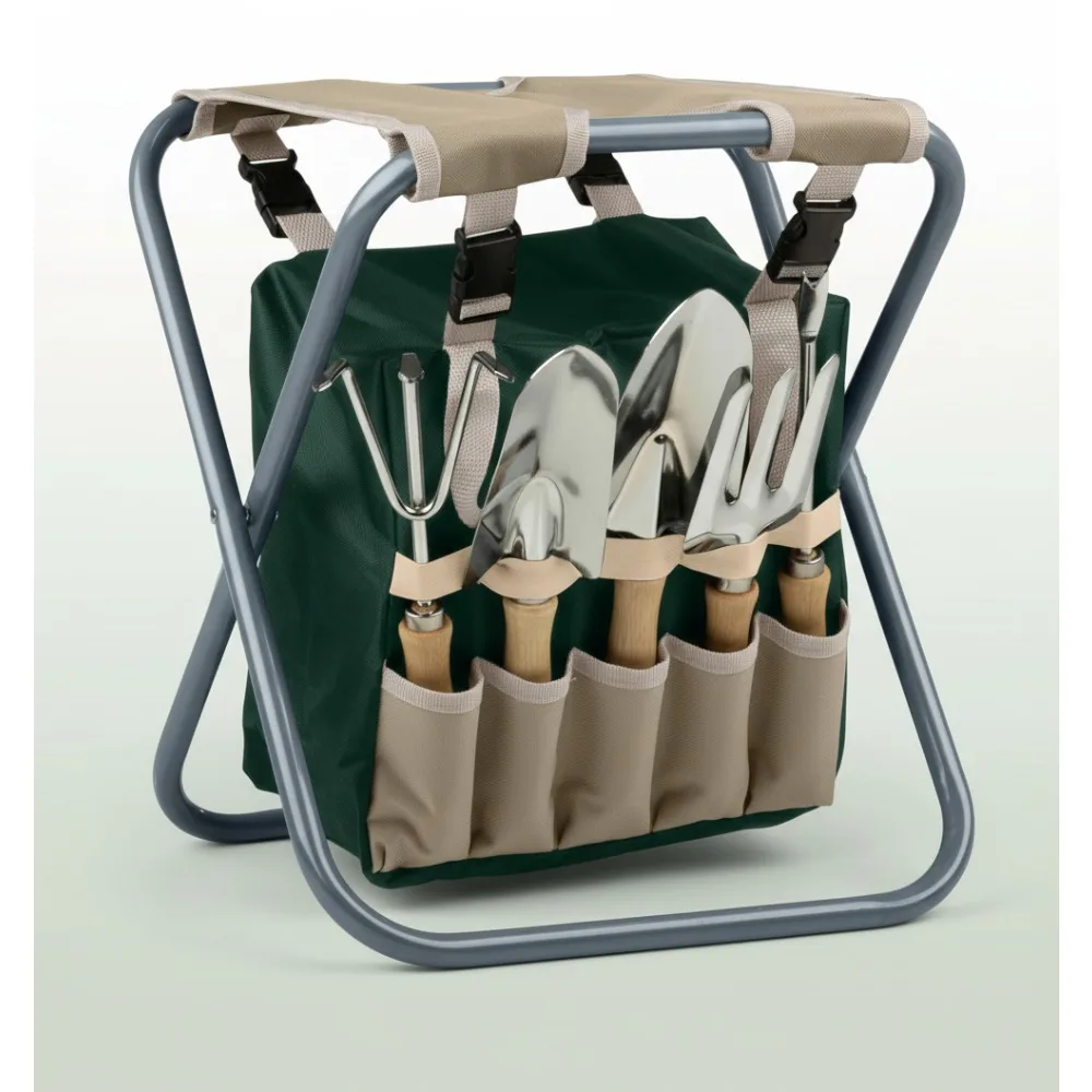 

Folding Garden Stool with Tool Bag & 5 Gardening Tools Set, Tan Green Silver, Portable Seat for Outdoor Planting