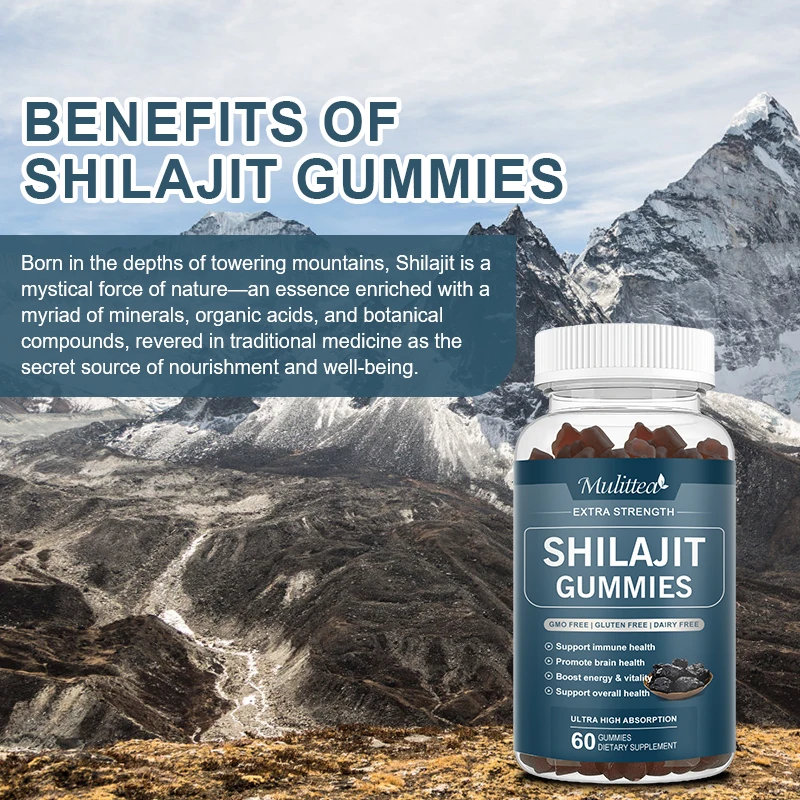 Mulittea Pure Organic 100% Shilajit Gummies avec 85 + Trace nap& Fulvic Acid Support Energy and Immune Male Hormone