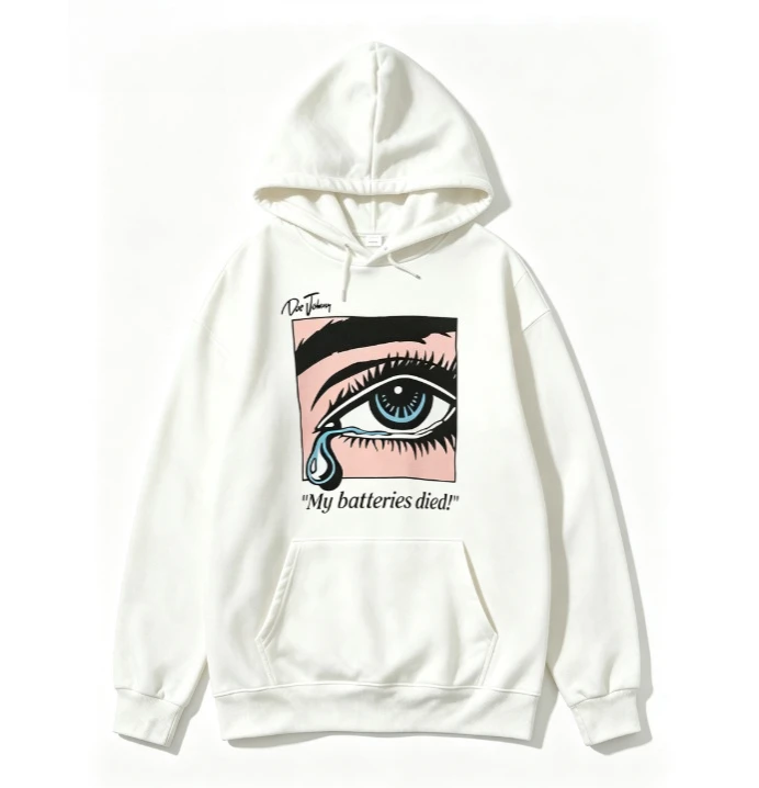 2026 new Pop art illustration of crying eyes handwritten signature style annotations slogan patterns unisex hooded sweatshirt