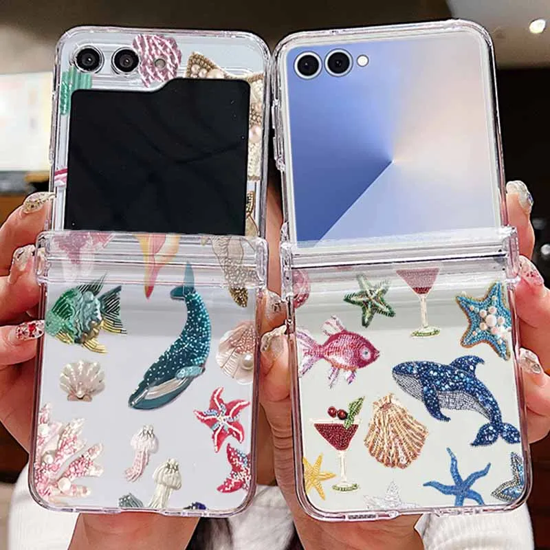 Whale Dolphin Pattern Clear Phone Case For Samsung Galaxy Z Flip 7 6 5 4 3 Folding PC Cover For Samsung Z Flip7 FE Flip6 Flip5