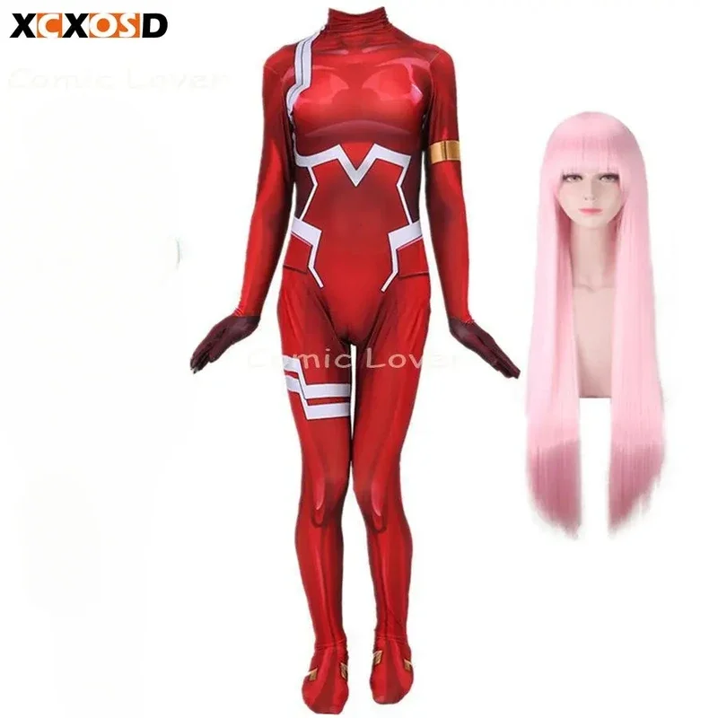 Darling 02-Mono de Cosplay para mujer, disfraz de Zero Two, peluca de Anime, Catsuit para fiesta de Halloween y Carnaval