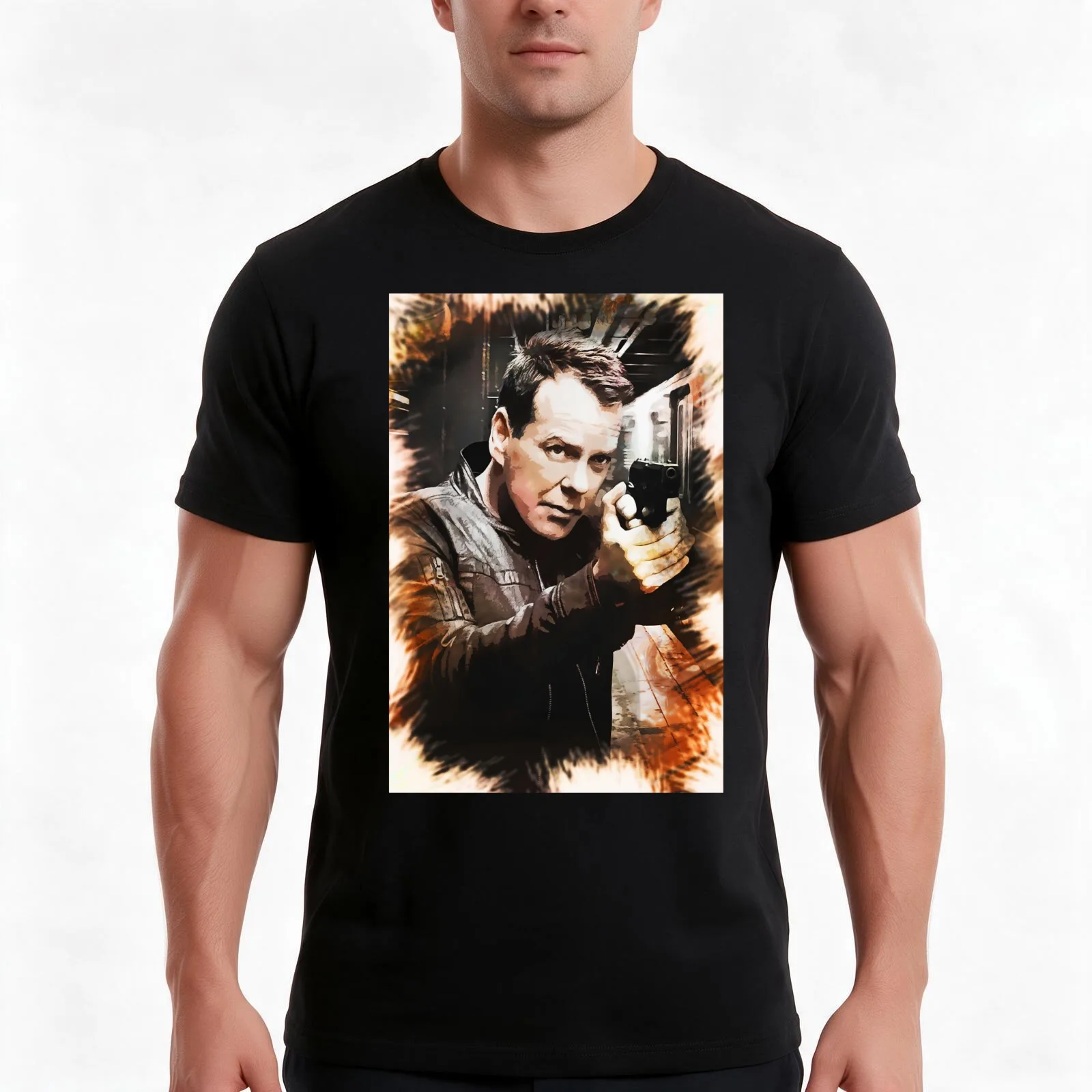 Jack Bauer Portrait T-Shirt, Summer Casual Cotton Tee, Oversized Streetwear Tops, Vintage Graphic Print, Loose Fit Short Sleeve