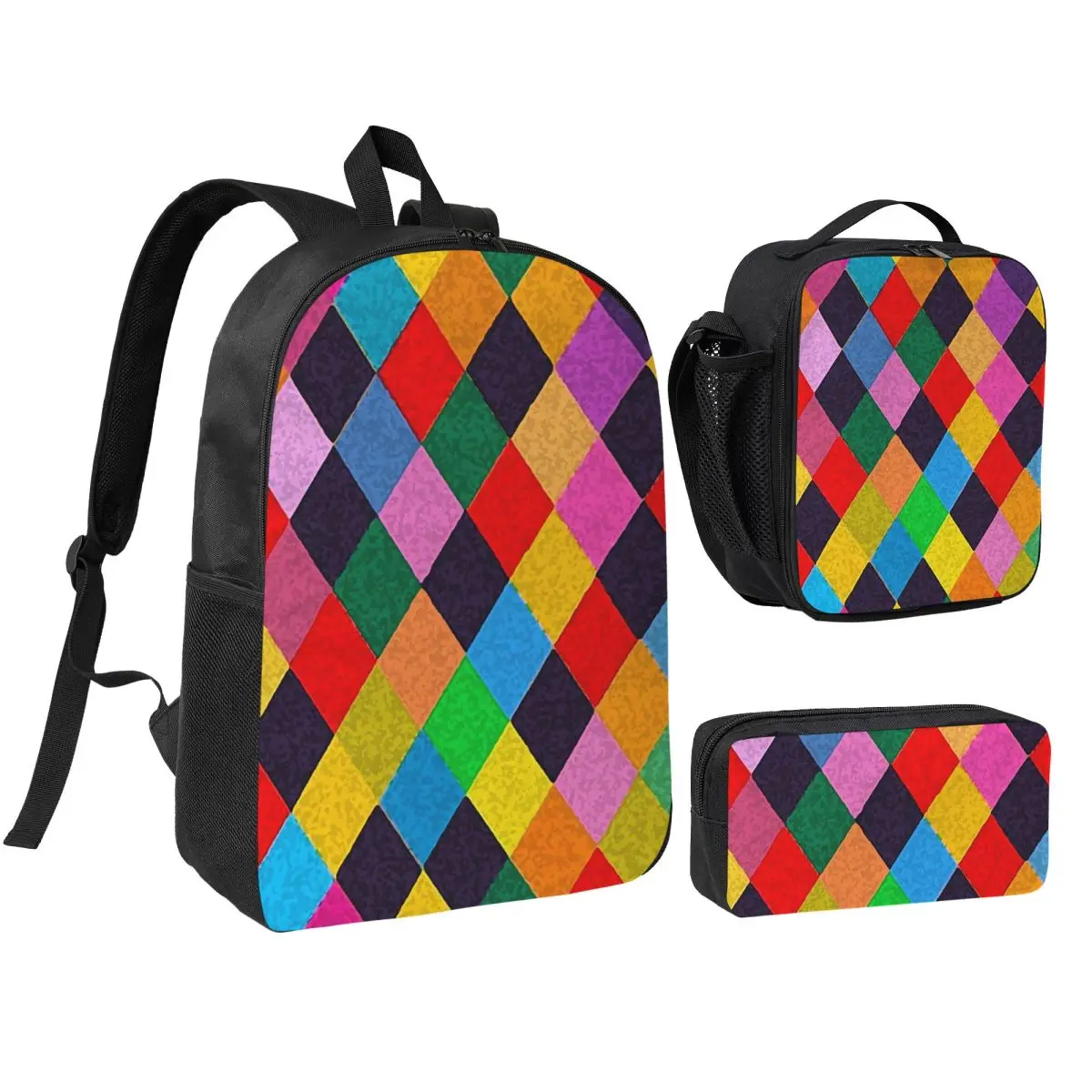 Mardi Gras Harlequin Plaid Playing Cards Rhombi Backpack BookBag School Bag Shoulder Bags 3ps Insulated Lunch Bag Pencil Case