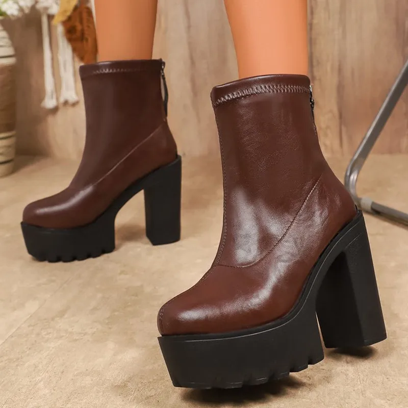 

НОВЫЕ черные кожаные ботильоны на высоком каблуке, женские ботинки в стиле панк с молнией сзади, женские ботинки на массивной платформе, большие размеры 43, короткие ботильоны на толстом каблуке