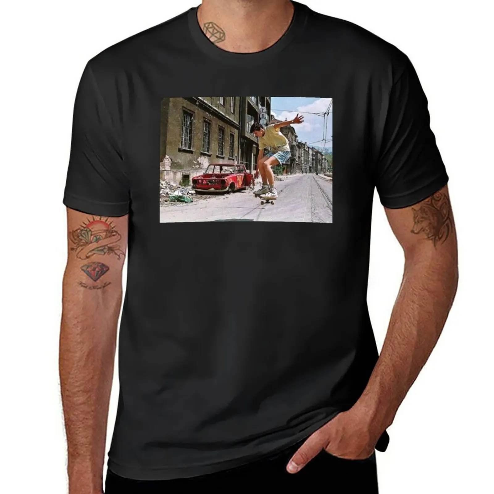 New Skateboarding during siege of Sarajevo T-Shirt sweat shirts anime cute clothes mens graphic t-shirts big and tall