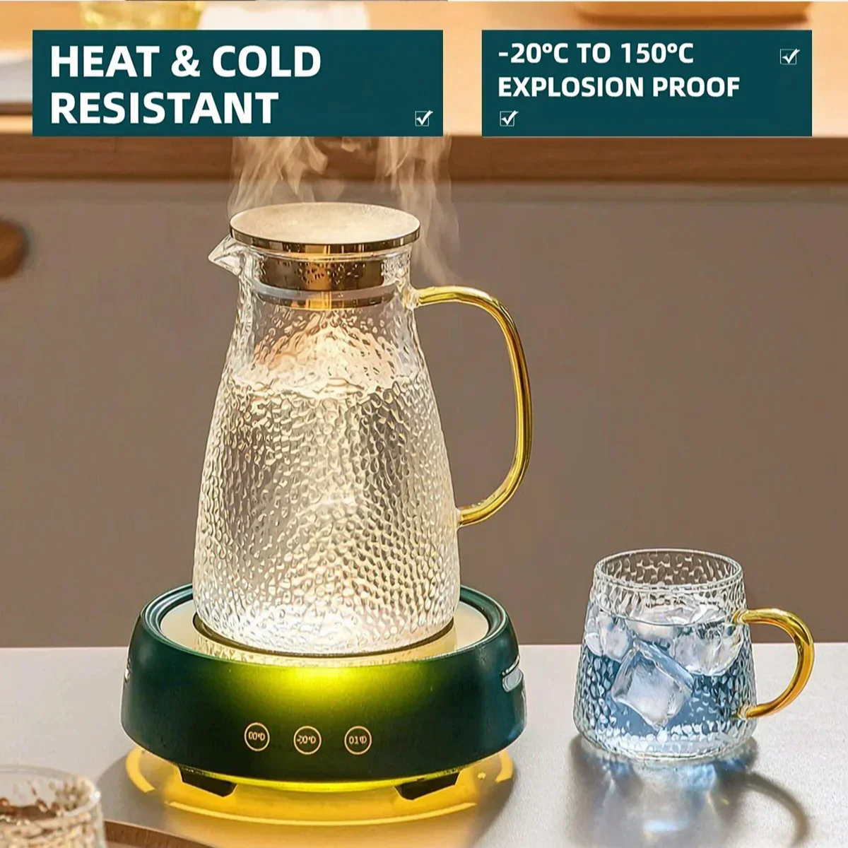 Stylish Iceberg Hammer Texture Glass Pitcher,Heat Resistant Borosilicate Glass Water Jug with Gold Handle&Filter Lid,for Daily