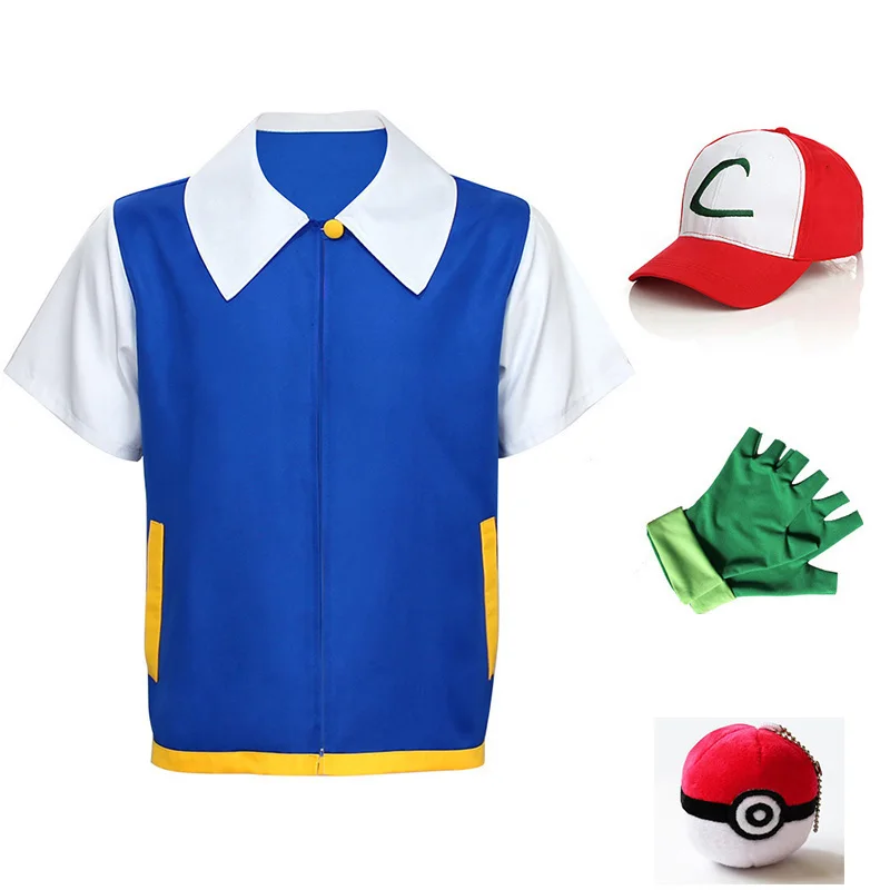 

Anime Ash Ketchum Clothes Men Blue Jacket Costume Boys Girls Cosplay for Party Baseball Cap Gloves Plush Poke Ball Pendant