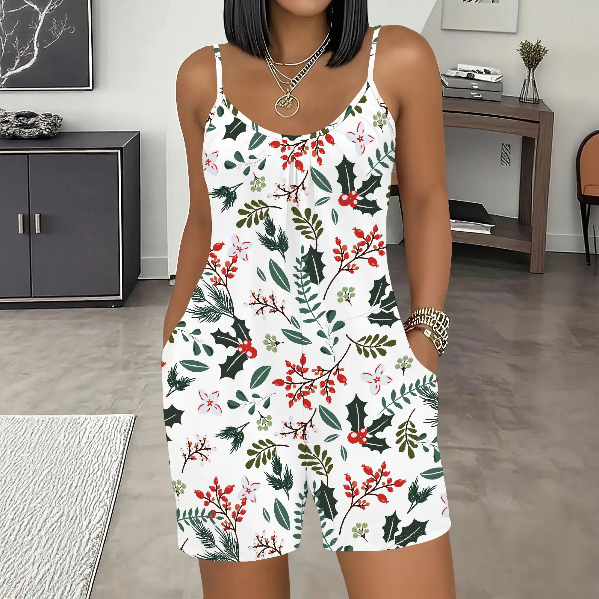 

Xmas Romper, Floral Jumpsuit, Christmas Print with Pockets, Holiday Party Outfit, Women's Summer Wear, S-2XL