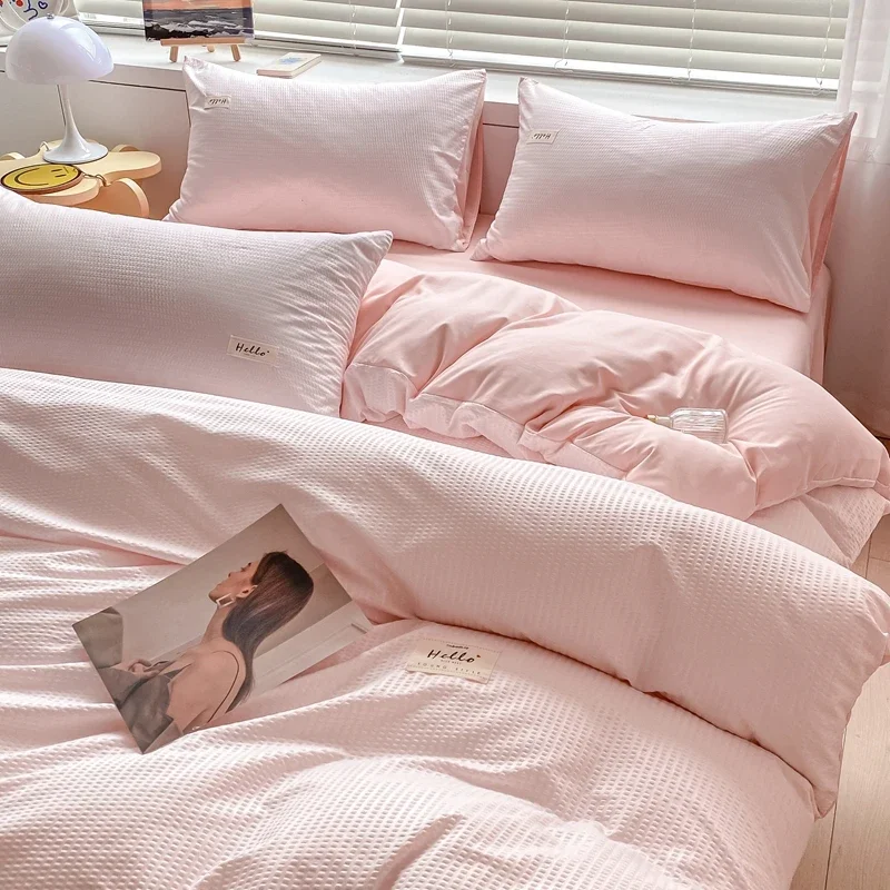 150/180/200CM Sweet Pink Brushed Bed Sheet Duvet Cover Pillowcase Four-piece Spring Autumn Bedding Set M048-7