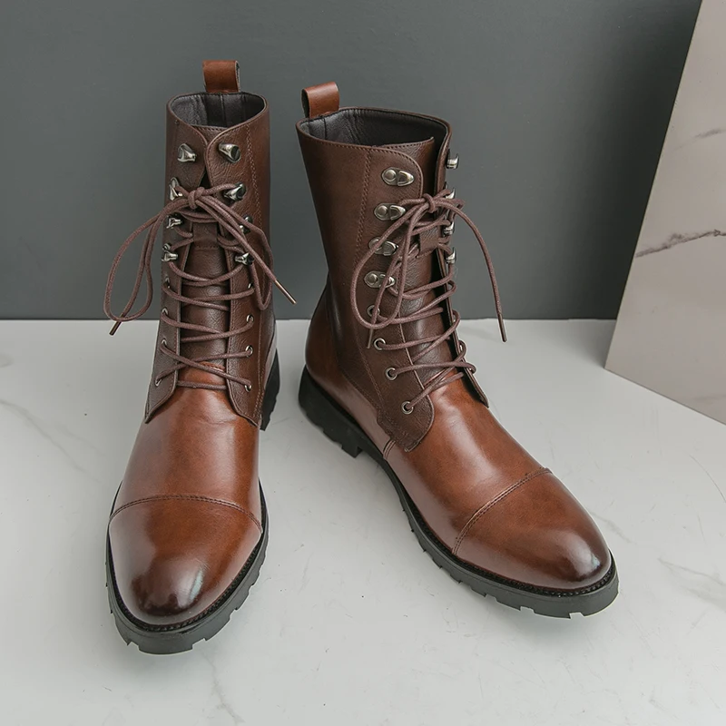 Autumn And Winter Cowboy Boots Man Vintage Brown High Boots Men Outdoor Lace up Motorcycle Shoes Men Leather Boot Large Size 48