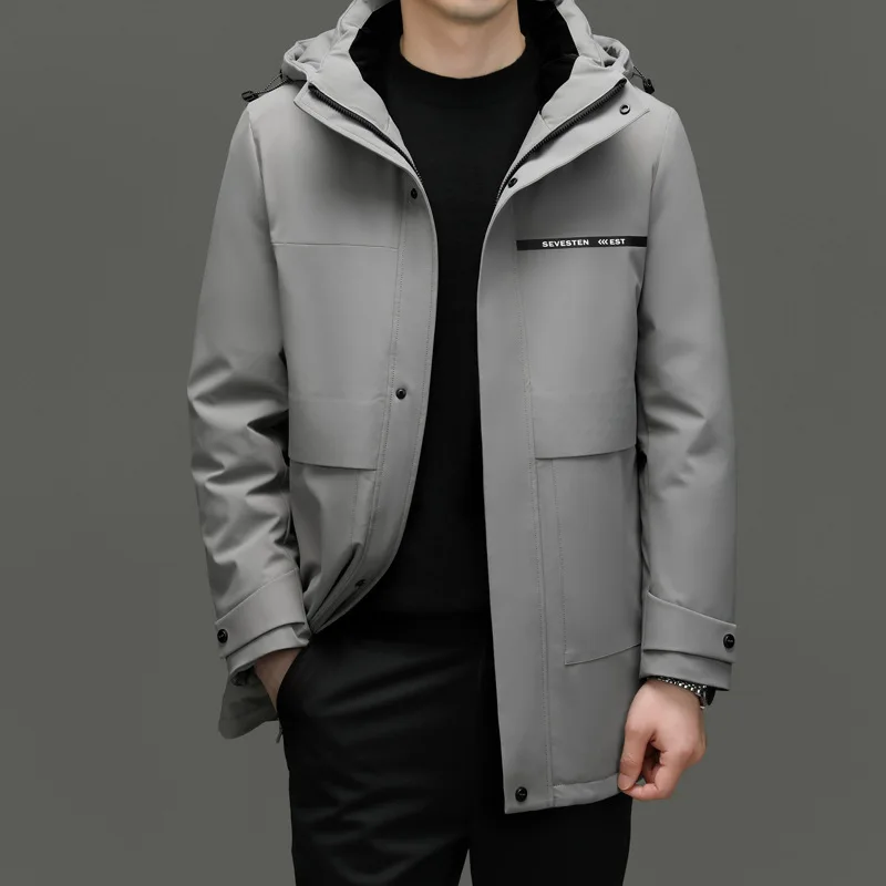 2023 Winter Men's New Mid Length Down Jacket Thickened Fashion Versatile Hooded Coat