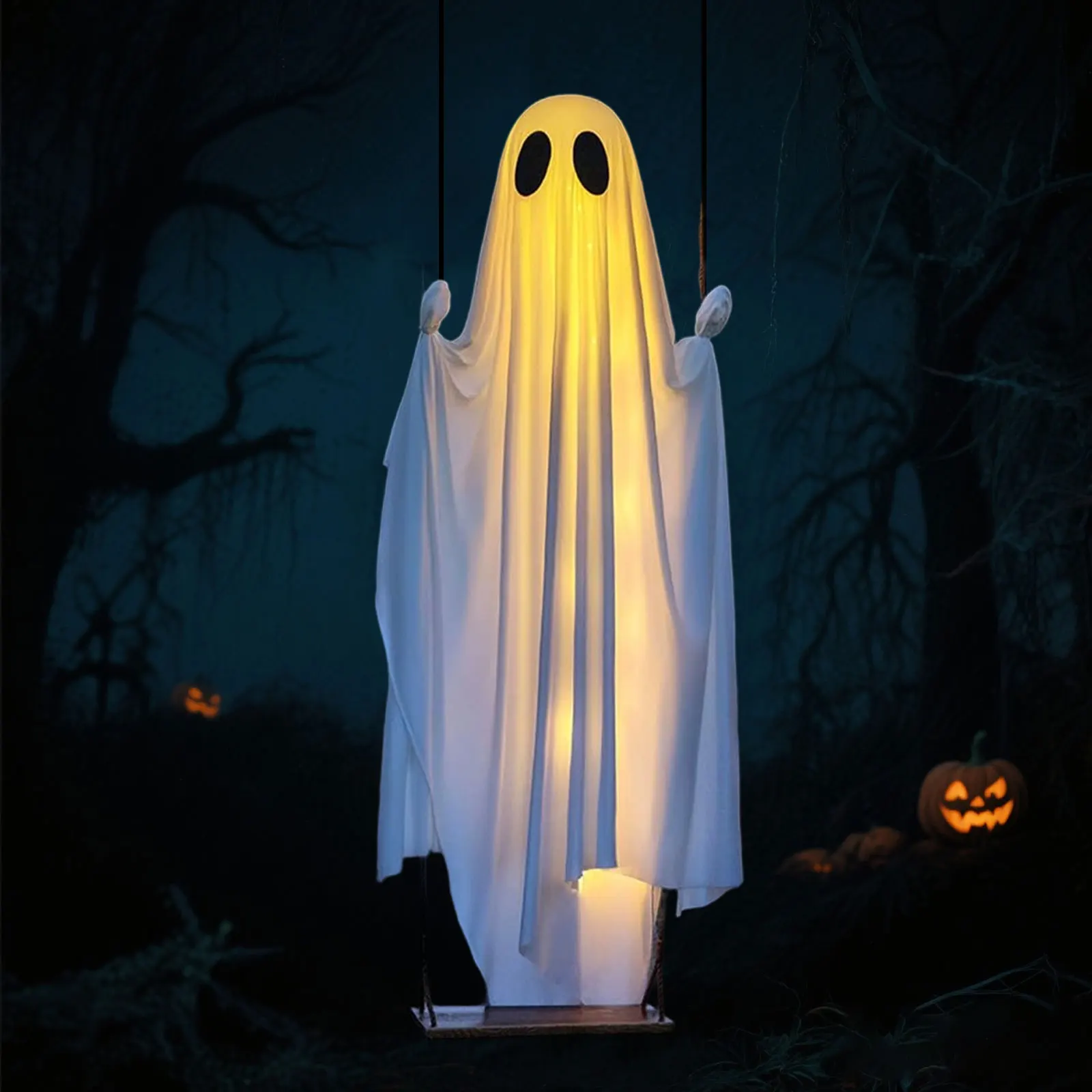 ديكور الهالوين الخارجي أرجوحة معلقة لتزيين الهالوين مع أضواء سلسلة ديكور لطيف لشجرة فناء الشرفة الأمامية