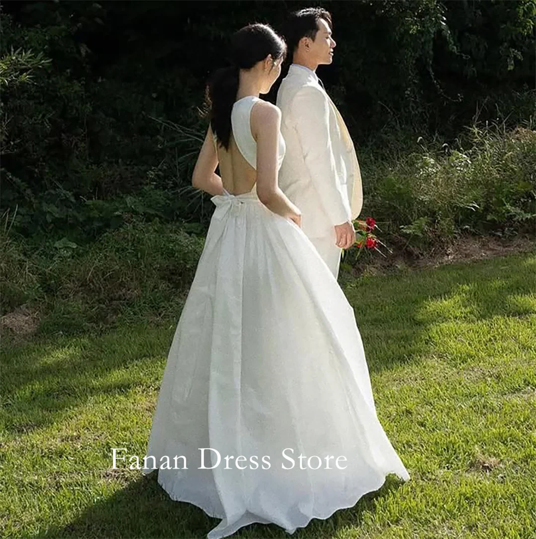 Fanan – robe De mariée trapèze ivoire, col rond, personnalisée, en taffetas, Simple, dos nu, robe De soirée