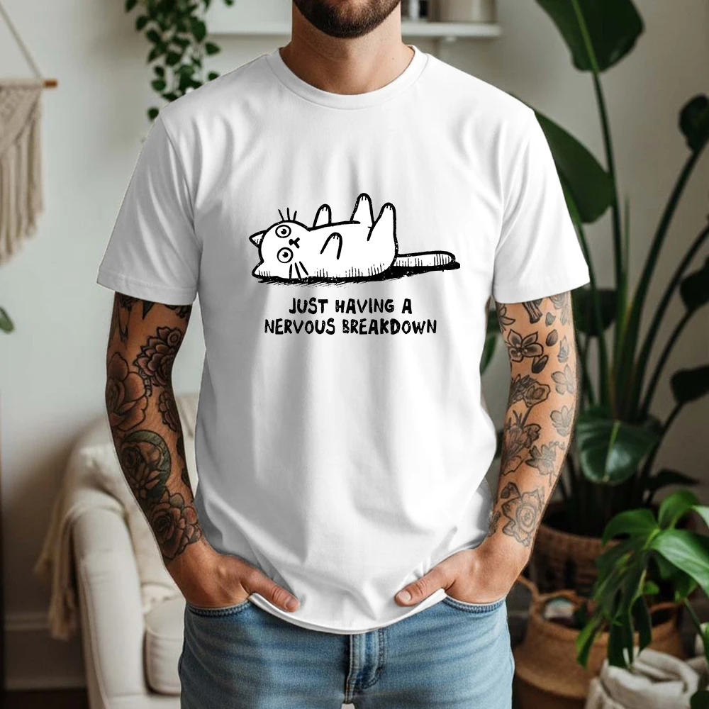 100% Cotton Anxious Cat Sad Humorous T-Shirt Funny Hand-Drawn Emo Style Oversized Breathable Casual Short Sleeve