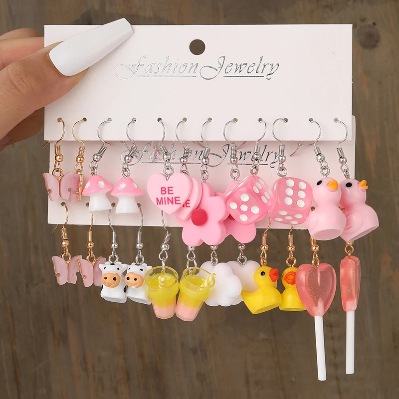 

Pink Cartoon Duck Earrings Set Cute Animal Butterfly Heart Dangle Earrings For Women Girls Geometric Earring Trendy Jewelry Gift