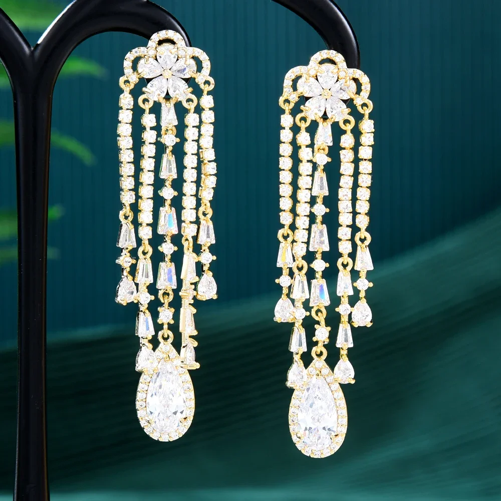 

Soramoore Trendy Luxury Shiny Tassel Earrings for Women Bridal Fashion Full Cubic Zirconia Pave Super Bridal Jewelry Gift