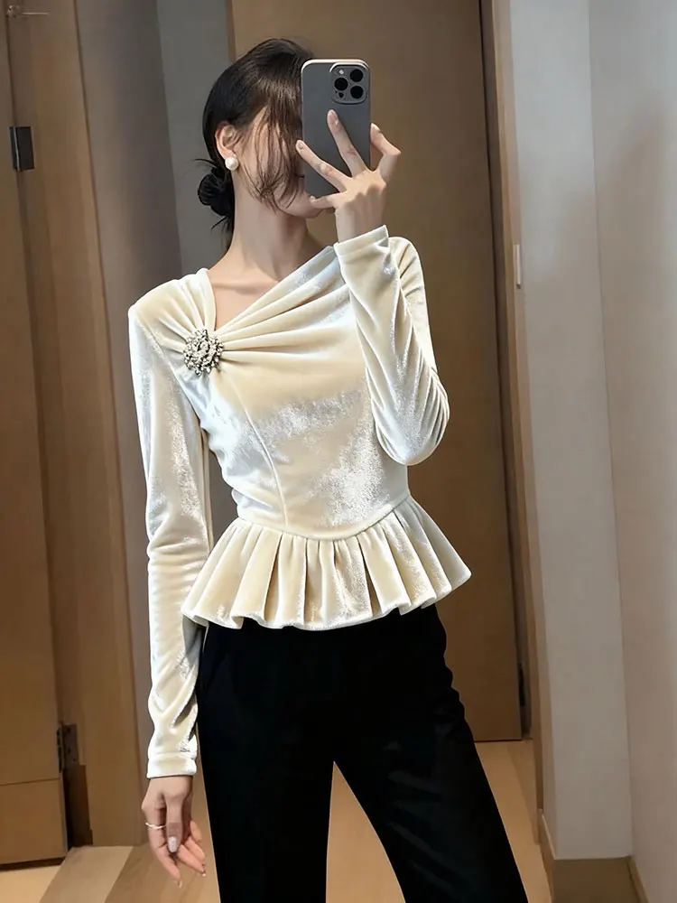 

Advanced White Velvet Tops Women's Autumn New Skew Collar Long Sleeve Slim Pullover Office Lady Beautiful Shirt