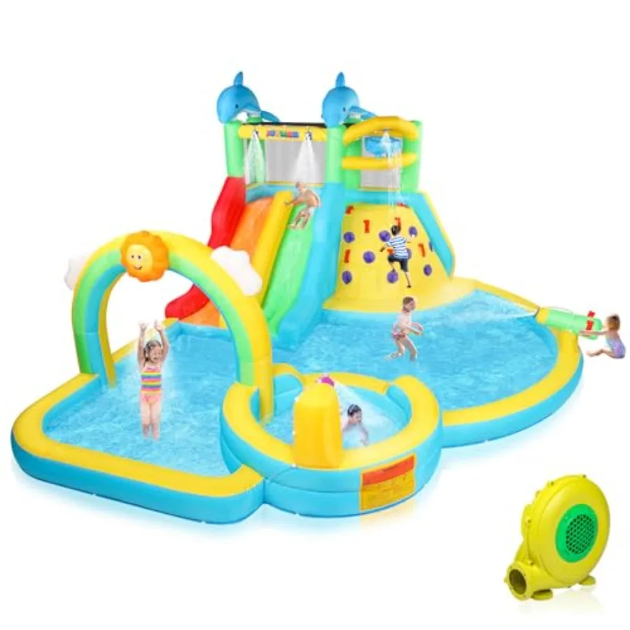 Inflatable Water Slide Bounce House for backyard use, PVC material, blue and red color, 10-in-1 design with climbing wall, pool