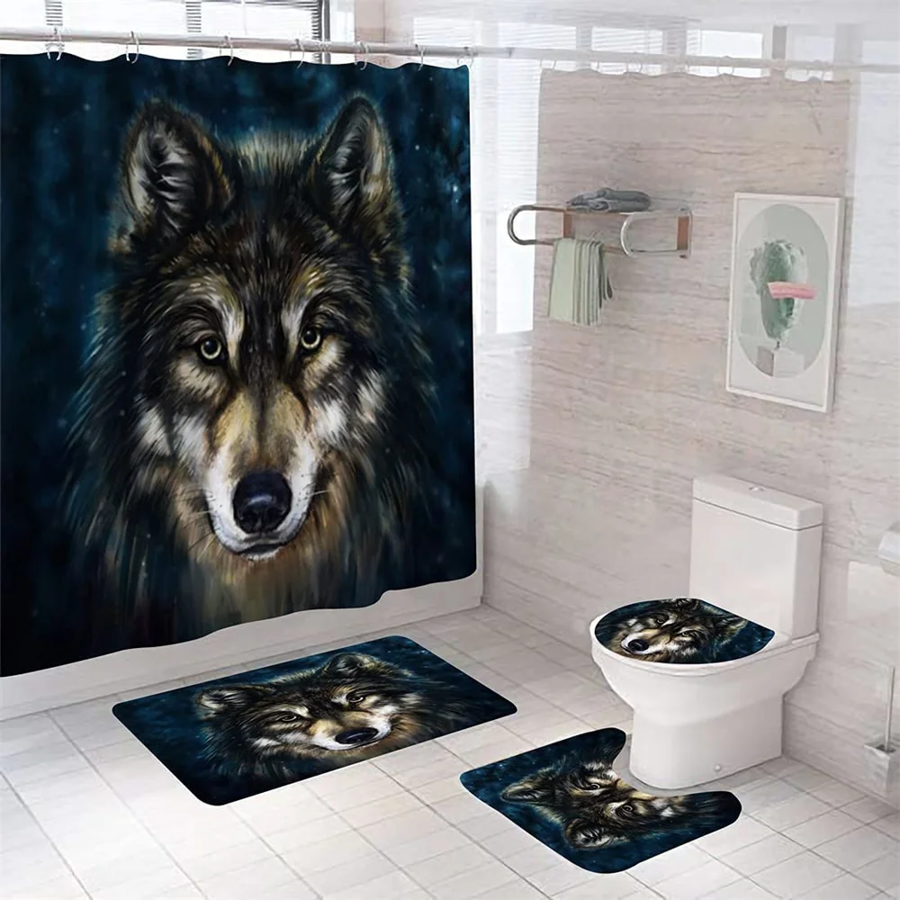 Wildlife Gray Wolves Shower Curtain Set With Rug Art Black White Wolf Bath Curtains Non-Slip Bathroom Decor Mat Toilet Lid Cover