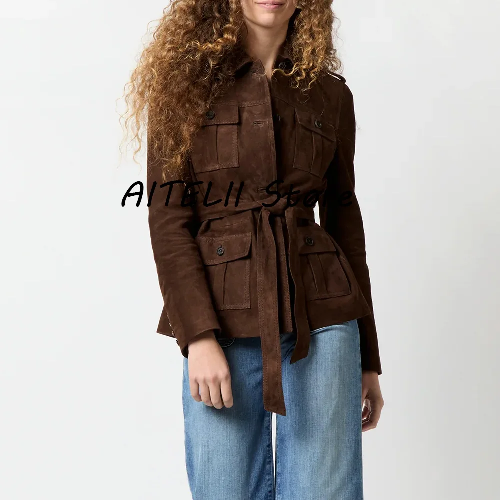 Belt women coats winter women suede jackets women jackets multi pockets elegant women coats new coats and jackets women coats