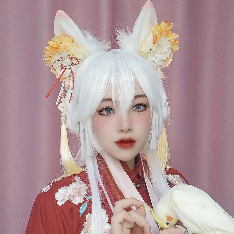 Anime Cosplay Fox Ears Headband Cute Lolita Dress Headwear White Pink Fox Ear Halloween Carnival Party Props